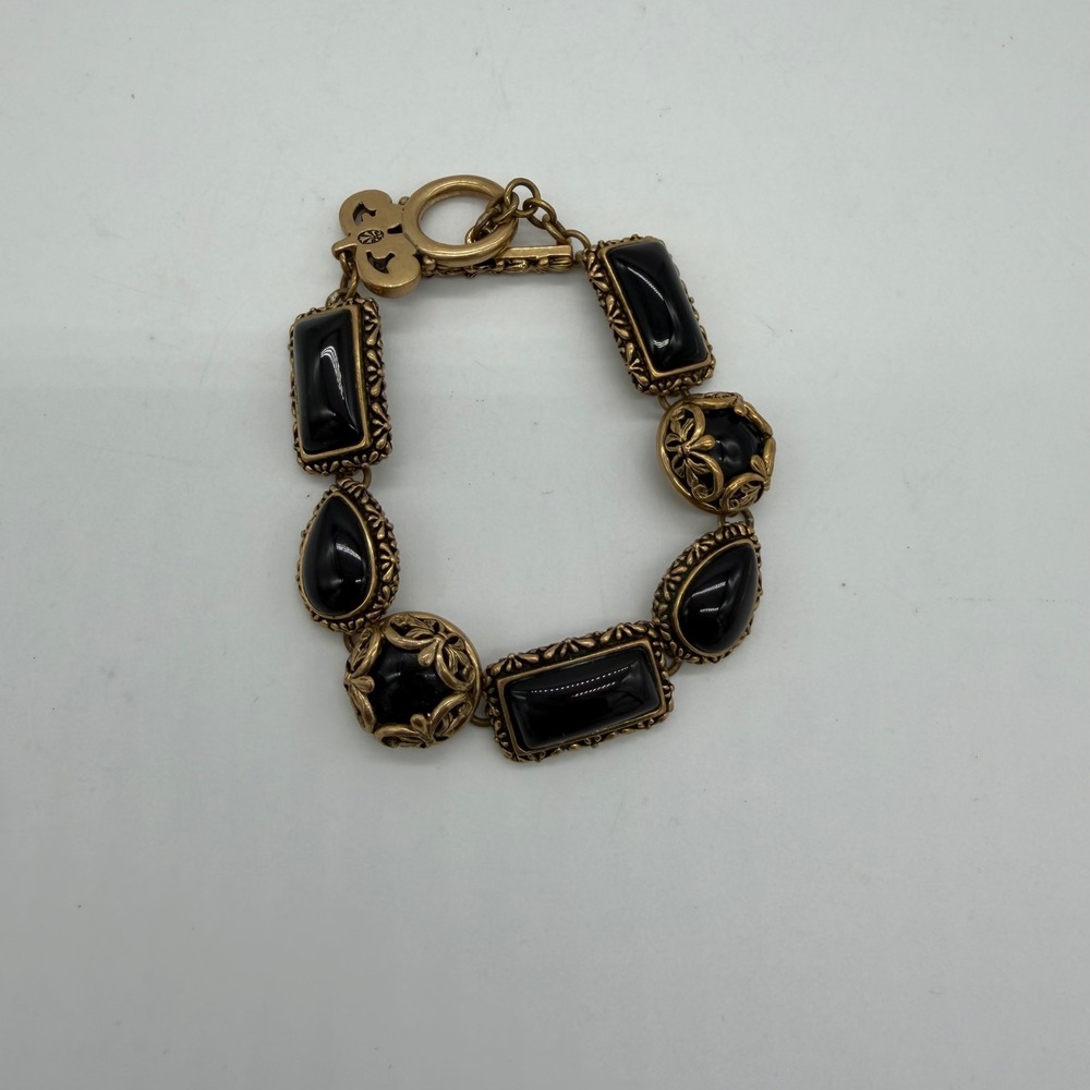 Vintage Barse Black Onyx Bronze Tone Ornate Toggle Bracelet 8 Inch